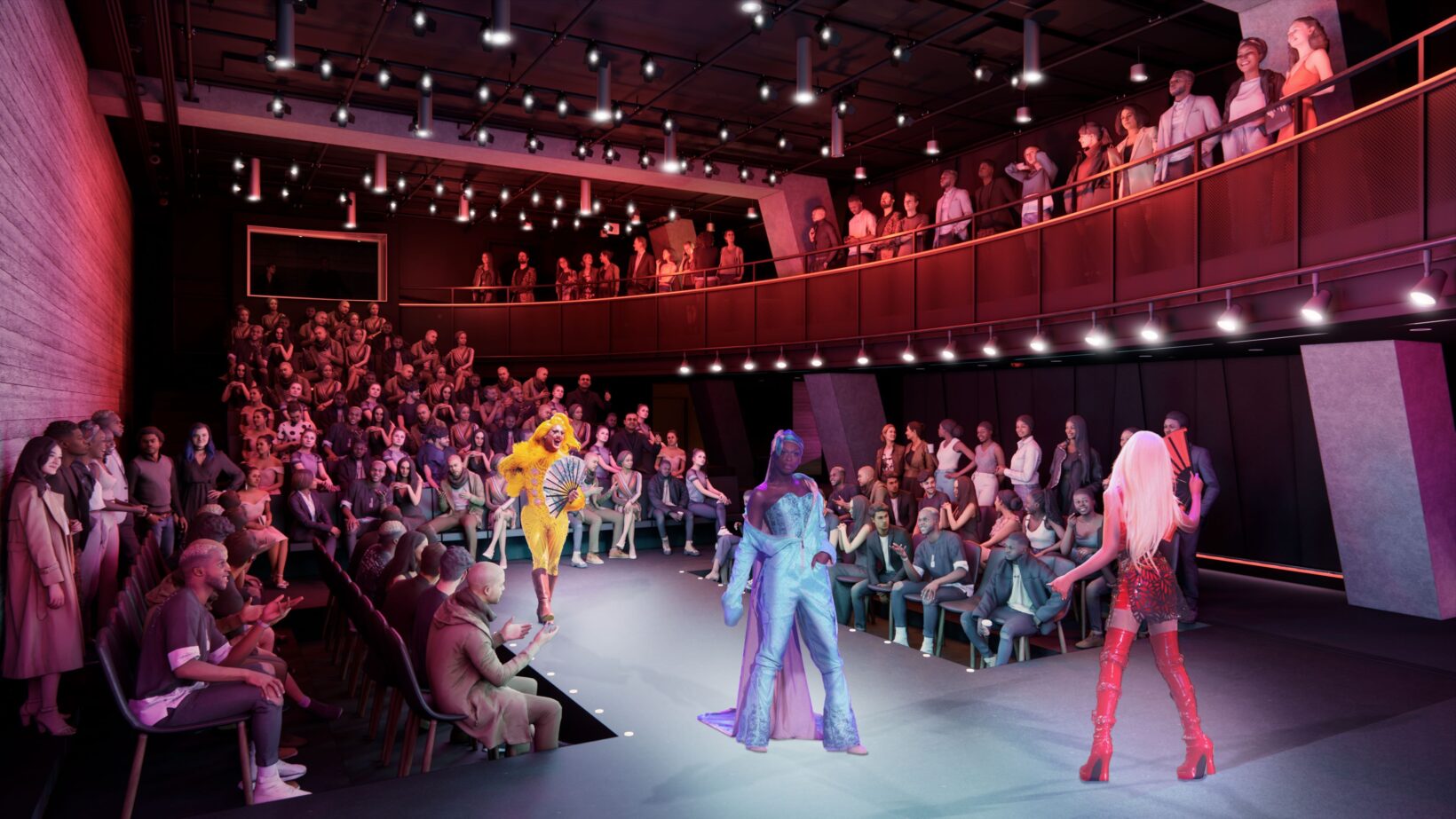 a render image taken from the stage level of the main theatre set up in a thrust stage layout, three performers entertain a full house.