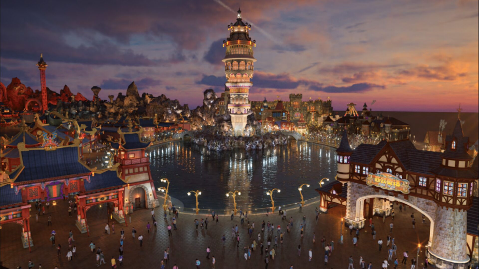 Conceptual renderings of theme park area development I designed the lighting for as senior designer through Miziker Entertainment.