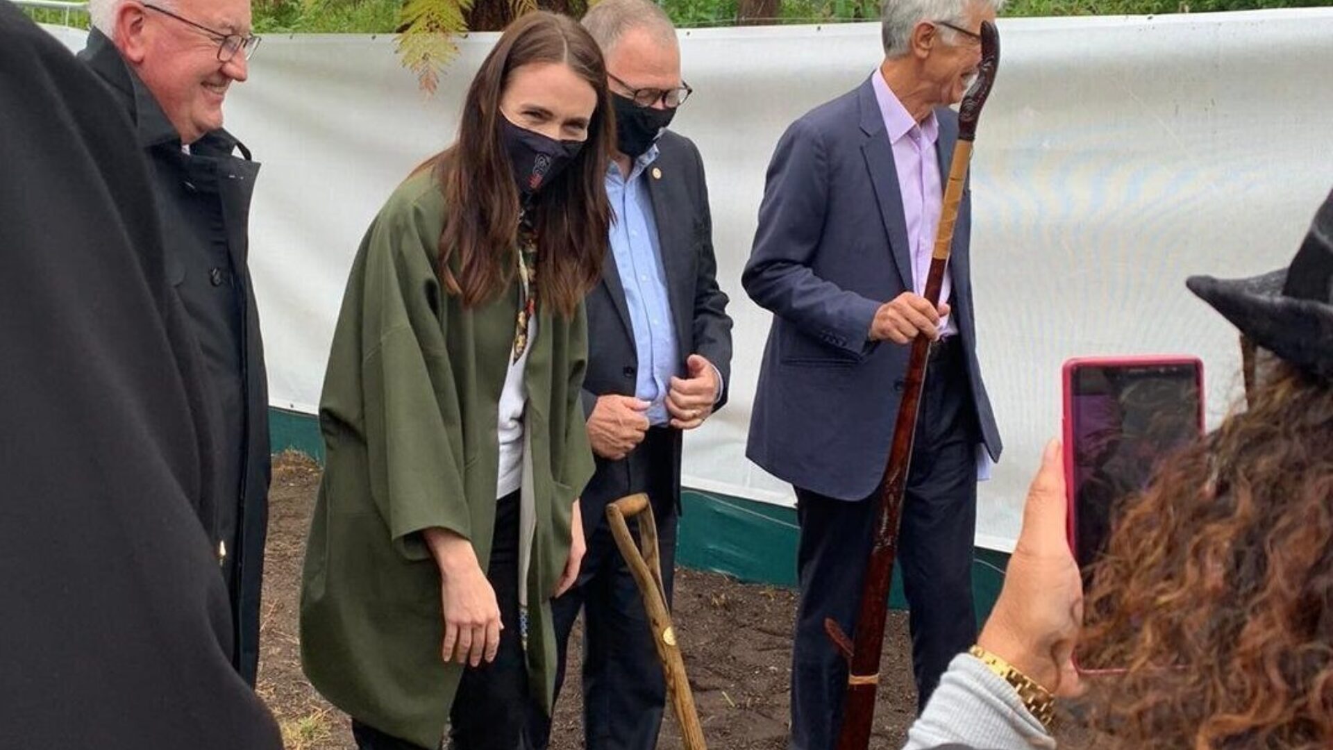 Jacinda Ardern in Green Jacket at Waikato Regional Theatre sod turning event