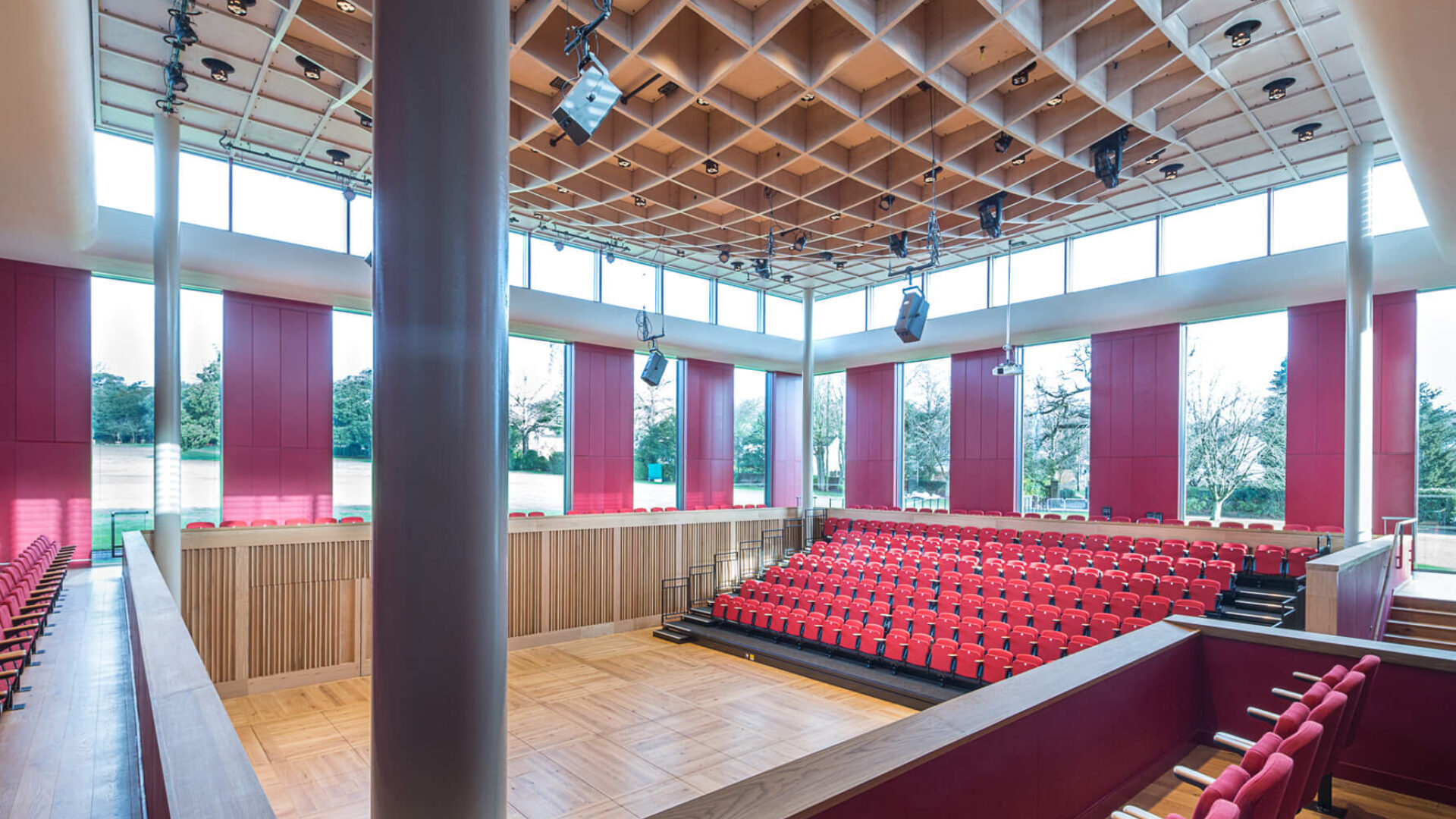 Corner view of the empty Eavis Hall at the Wells Cathedral School